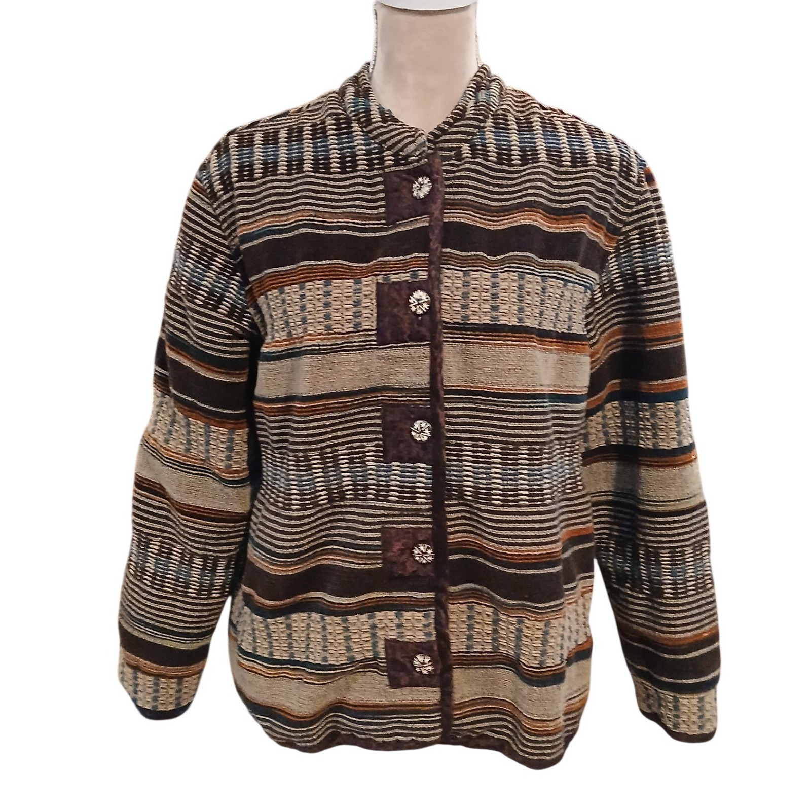 Vintage White Stag Striped Tapestry Jacket Brown Large Womans Retro 90s Twee